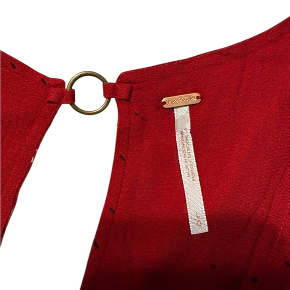 Free People Lovely Day Floral Print Mini Tunic Dress L Red Boho Tie Front Boxy - Picture 13 of 15